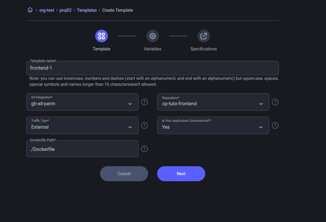 template with external and isContainerized