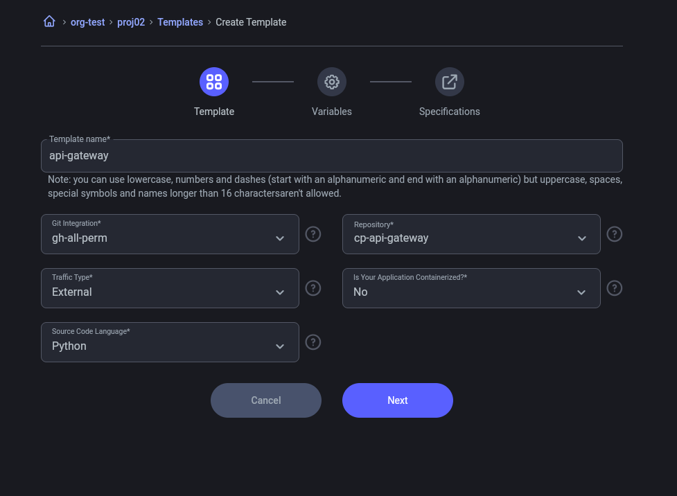 template with external and NO isContainerized
